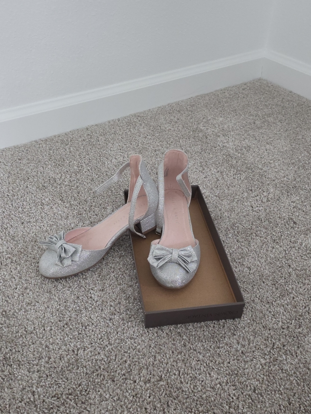 Girls Silver Bow Ankle-Strap Flats
